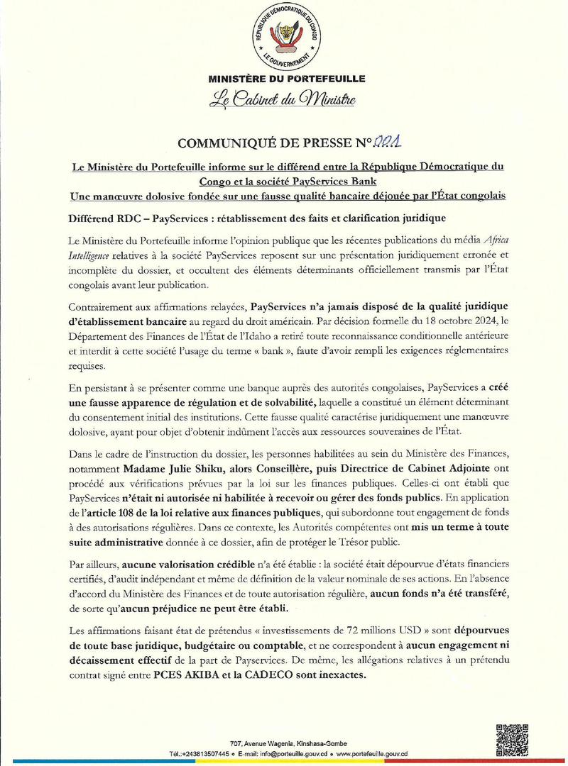 TotoMad's tweet photo. #RDC #Ministère du #Portefeuille #CADECO. Le gouvernement congolais répond aux publications de #AfricaIntelligence et clarifie la nature du litige avec la société #PayServices, qui a tenté de se faire passer pour une banque afin d'obtenir des fonds publics. https://t.co/z49bpIakur