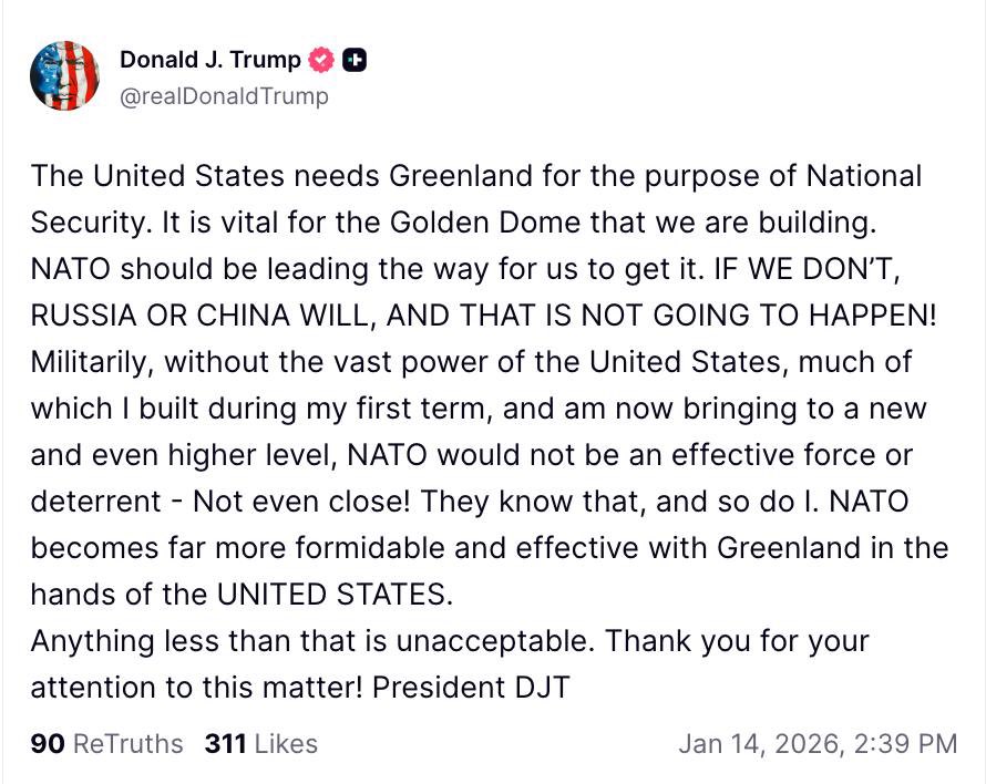 Zlatti_71's tweet image. Trump stated that NATO "should lead" the process of Greenland joining the US.

"NATO should lead the way in which we obtain it," he wrote.