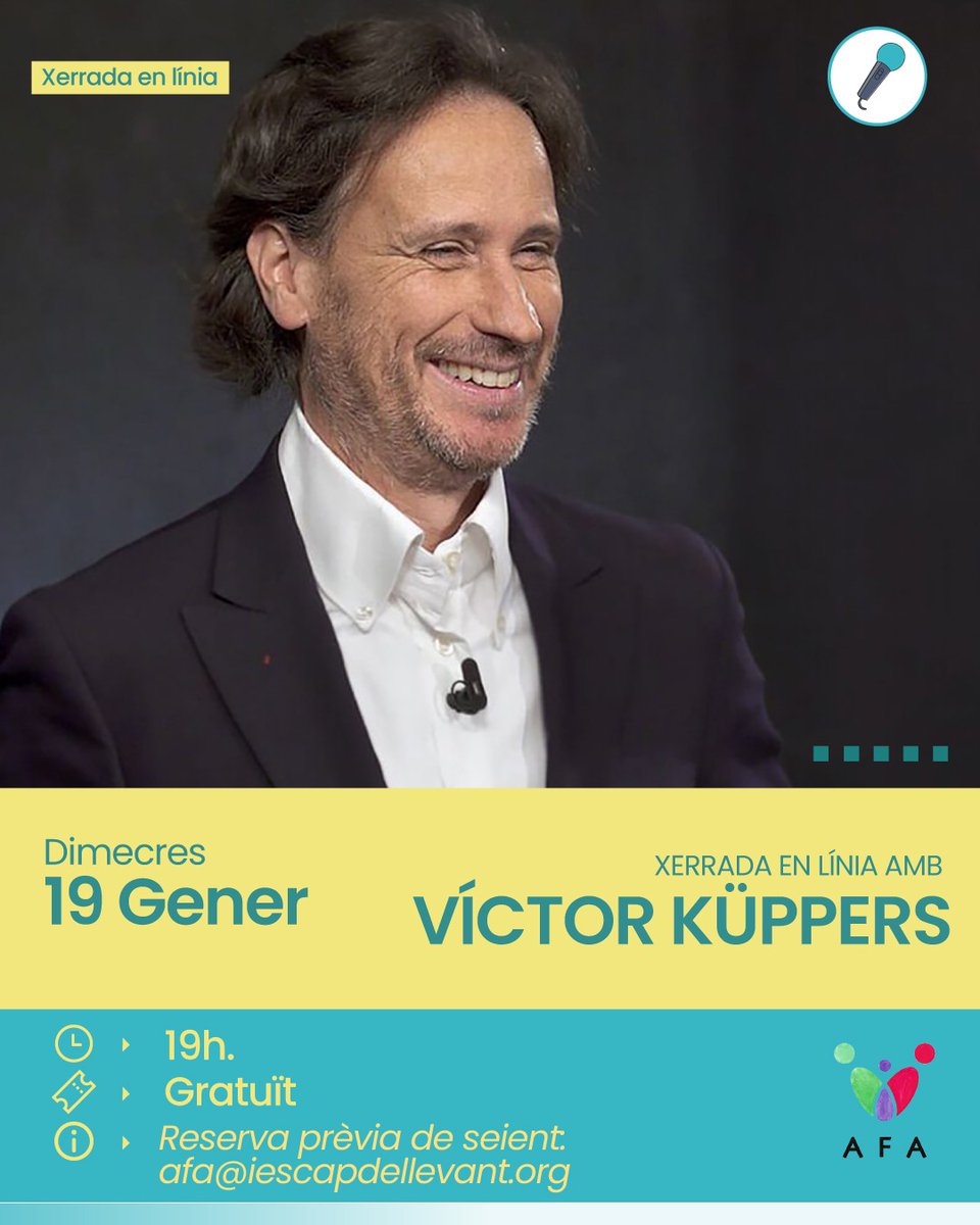 🗣️ Xerrada en línia amb Víctor Küppers
📅 19/01/2026 | ⏰ 19 h
🎟️ Gratuït | 🎙️ Castellà

Una sessió pràctica i inspiradora sobre actitud, motivació i educació, adreçada a famílies i docents.
📩 afa@iescapdellevant.org