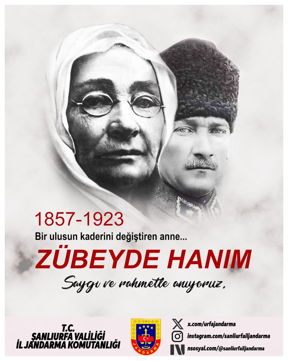 Cumhuriyetimizin kurucusu Gazi Mustafa Kemal ATATÜRK’ün değerli annesi Zübeyde Hanım’ı vefatının 103’üncü yılında saygı ve rahmetle anıyoruz.🇹🇷

#ŞanlıurfaJandarma