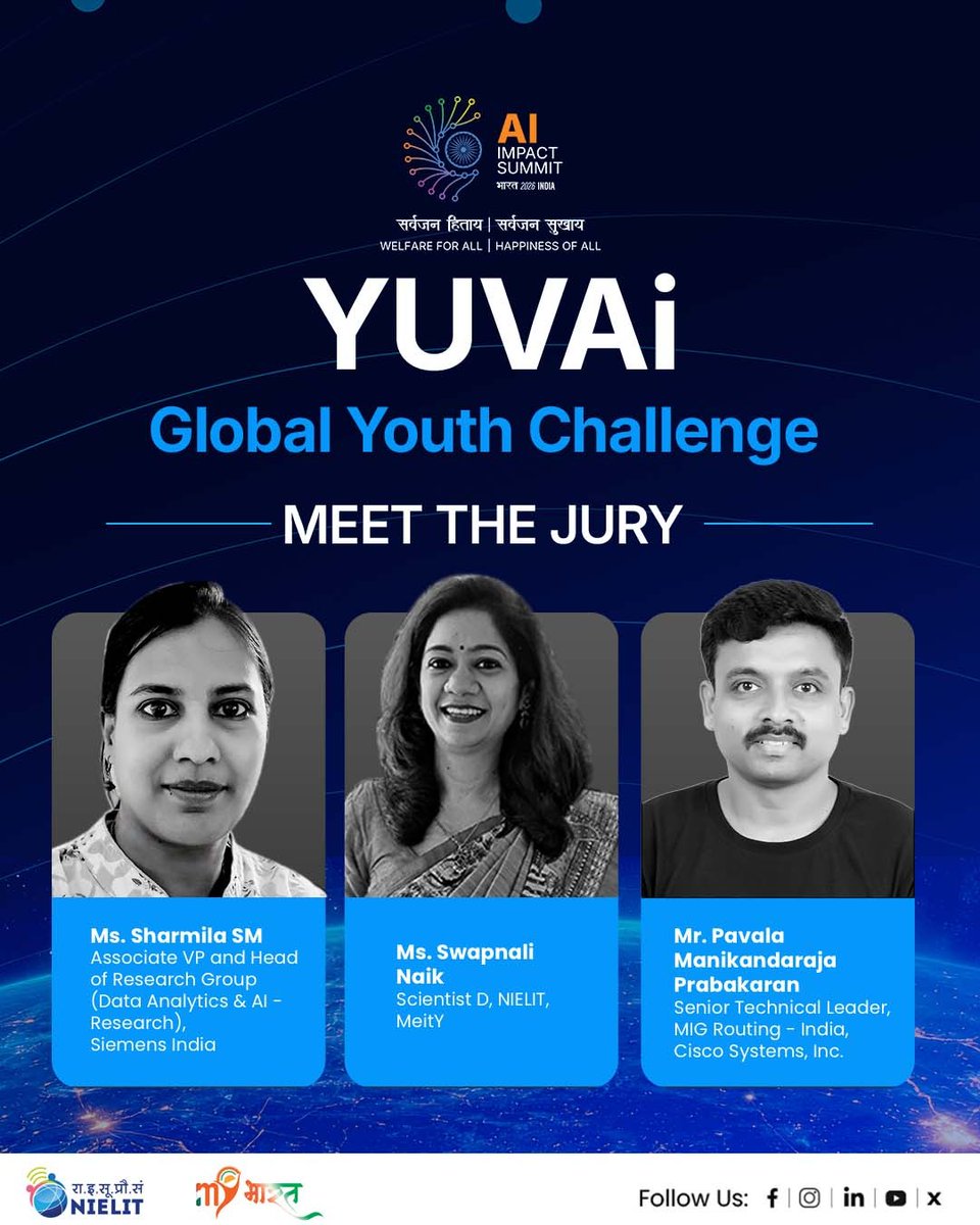 OfficialINDIAai's tweet photo. The YUVAi: Global Youth Challenge witnessed an exceptional response, bringing in some remarkable AI solutions with powerful real-world applications.

To identify the best among these outstanding innovations to be showcased at the #IndiaAIImpactSummit2026, the Challenge is supported by a distinguished jury bringing together rich, industry-relevant experience across technology, innovation, and social impact. 

Watch this space for more !

#YUVAi #AIforGood #ResponsibleAI #PeoplePlanetProgress

@PMOIndia @ashwinivaishnaw @JitinPrasada @SecretaryMEITY @GoI_MeitY @abhish18 @kavitabha @_DigitalIndia @mygovindia @PIB_India @mybharathq @nielitindia