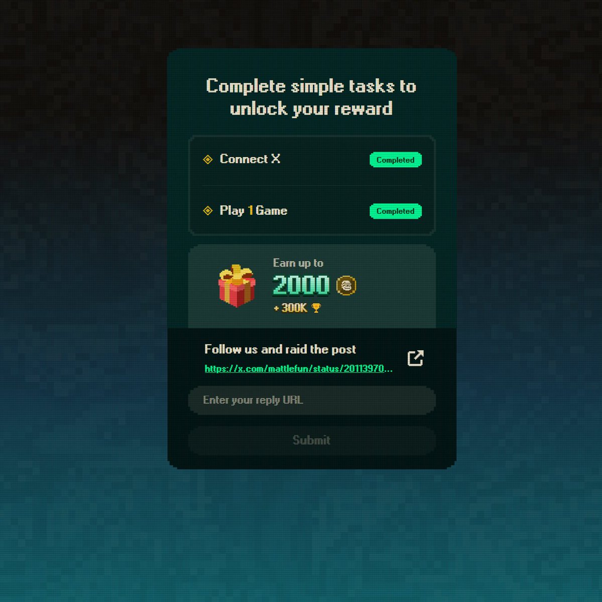 FEIlXIE's tweet image. 听说弹幕游戏 @mattlefun 给SEEKER整空投了，做个任务看看

完成简单的任务：
 - 关注 @mattlefun
 - 连接 X 并进行 1 局游戏
 - 点赞、转发和回复帖子
 - 在这提交的回复网址 app.mattle.fun/seeker-airdrop