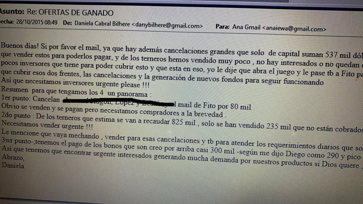 💣 CABRAL SABÍA TODO 

✔️Al menos desde octubre de 2015, Daniela Cabral, la viuda de Gustavo Basso, sabía que las cuentas de Conexión Ganadera NO cerraban.

✔️ Según una serie de mails, a los que pudimos acceder, Cabral pide urgente en 2015 la "generación de nuevos fondos para