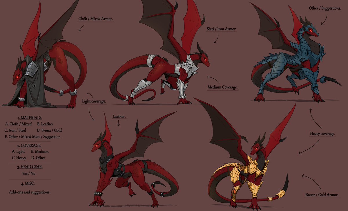 Ok guys, lets flex those creative muscles. I've put together some examples and choices. Put in the comments your preferred layout. 

EXAMPLE:  1. D.   2. B.   3. Yes.   4. Red cloth cloak with Bronz armor.

I'll be drawing the ideas I really like or whatever has more likes