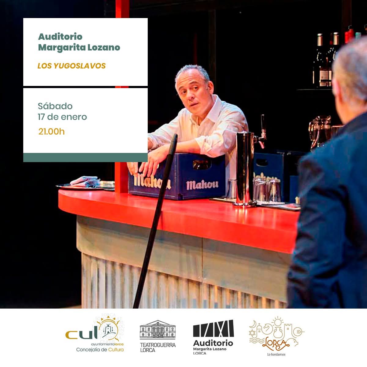 🎭 LOS YUGOSLAVOS

📍 Auditorio Margarita Lozano
📅 Sábado 17 de enero | 🕘 21:00 h

Una obra de Juan Mayorga.
✨ Con Javier Gutiérrez, Natalia Hernández, Luis Bermejo y Alba Planas

🎟️ Entradas:
👉 auditoriomargaritalozano.es/evento/los-yug… y 🎫 Taquillas del Teatro Guerra

#CulturaEnLorca #Teatro