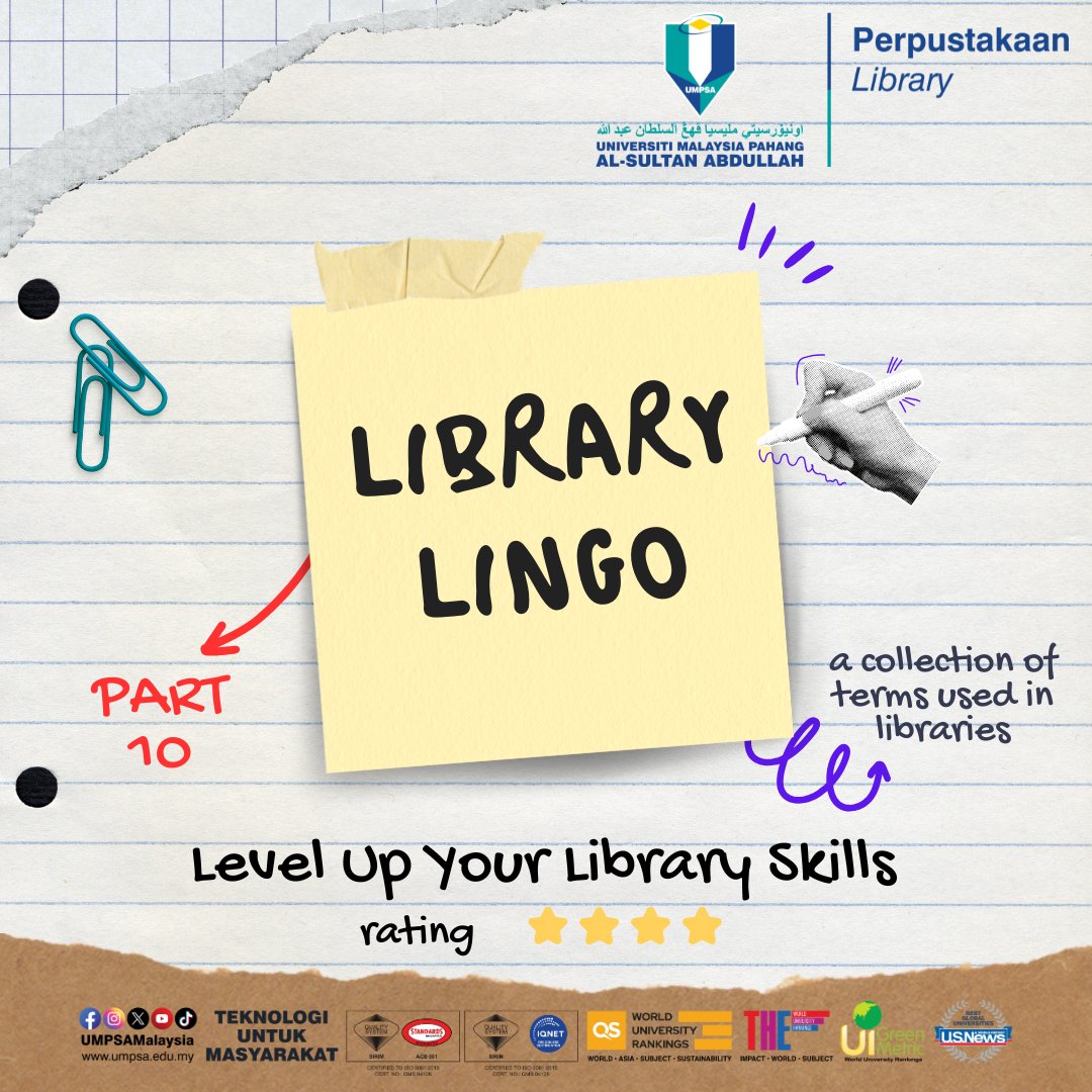 libraryumpsa's tweet photo. LIBRARY LINGO PART 10
LEVEL 5 – MAXIMIZING RESEARCH IMPACT
Topic: Sharing and Accessing Information

#UMPSALibrary
#libraryumpsa
#librarylingo
#PowerUpYourMind https://t.co/w2Qn61abLE