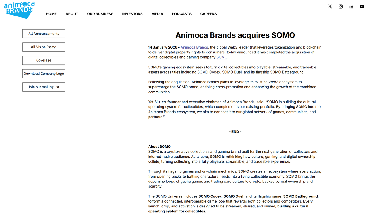 Animoca Brands已完成对数字收藏品与游戏公司SOMO的收购据官方博客，Animoca Brands已完成对数字收藏品与游戏公司SOMO的收购。SOMO旗下拥有《SOMO  Codex》、《SOMO Duel》及旗舰游戏《SOMO Battleground》等产品，其生态致力于将数字收藏品转化为跨游戏的可玩、可直播及可  ...