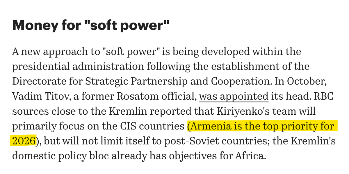 Russia is revamping its "soft power" strategy under new leadership with Armenia being "the top priority for 2026", RBC reports