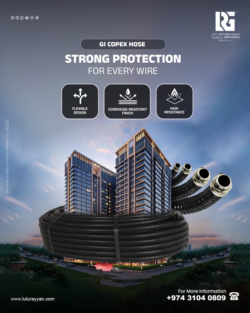 Protect your electrical wiring with GI Copex Hose.🔗🛡 Ideal for residential, commercial, and industrial projects.☯️

♻️Corrosion-resistant finish
♻️High resistance
♻️Flexible design

Visit🌐: lulurayyangroup.com
Give us a ring📞: +974 3104 0809

#GICopexHose #Qatar