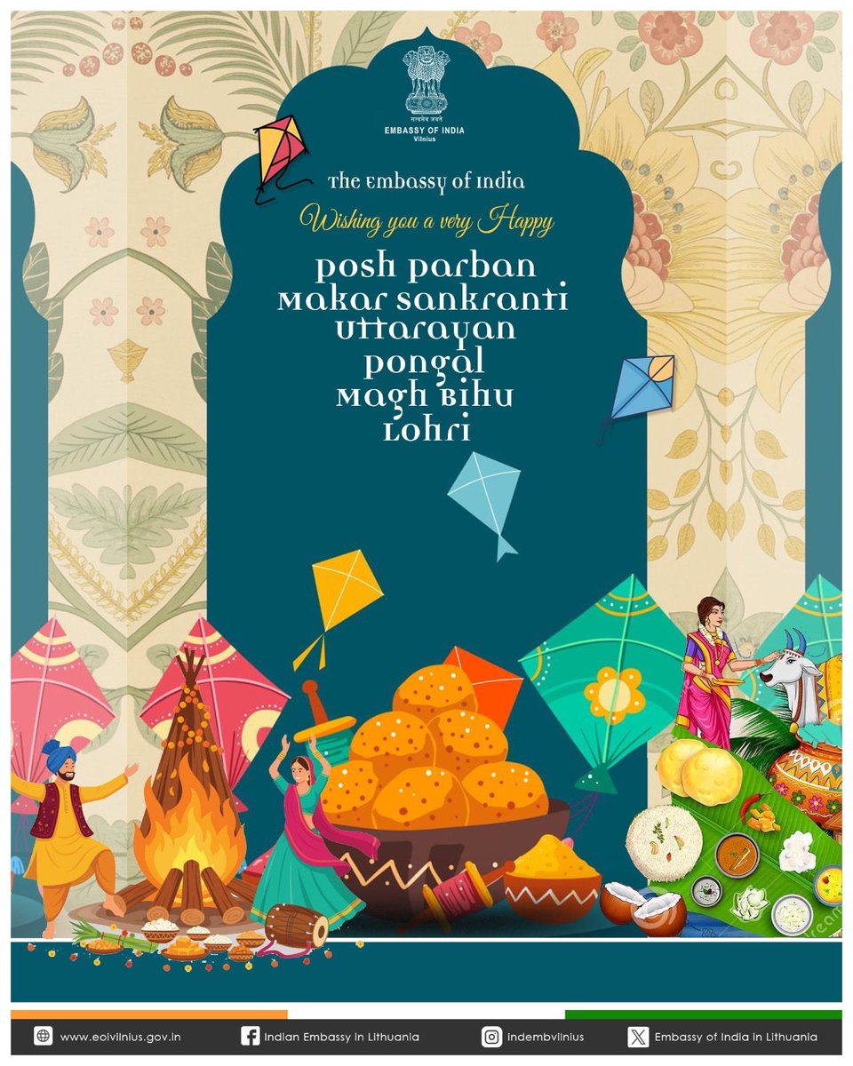 IndEmbVilnius's tweet image. Welcoming the harvest season and celebrating new beginnings through #Lohri, #MakarSankranti, #Pongal, #Bihu, #Uttarayan &amp;amp; #Maghi, celebrated across the length and breadth of India.

Embassy ishes everyone happiness, joy &amp;amp; abundance this festive season! 

#Lohri2026 #Pongal2026…