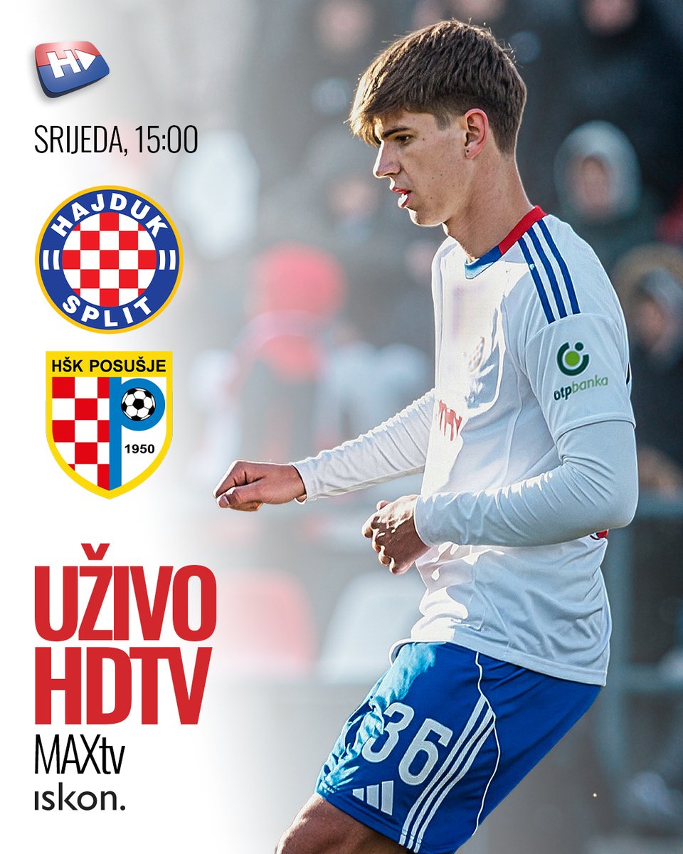 HajdukDigitalTV's tweet photo. Danas od 15 sati Hajduk dočekuje HŠK Posušje na svom Poljudu. Riječ je o drugom susretu u sklopu zimskih priprema za nastavak sezone. Utakmicu 🆚 Posušje možete pratiti uživo na #HDTV kanalu putem #MAXtv, #Iskon i #HOMEtv platforme. https://t.co/eTUdb2igKc