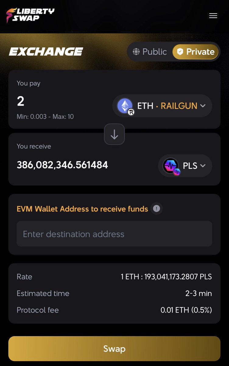 SHIELD AND EXCHANGE (PRIVATE) OF LIBERTYSWAP

1️⃣SHIELD lets users move ETH, USDC, DAI, and USDT between Railgun shielded balances across different blockchains.

In the future, SHIELD will also support shielded transfers between different privacy protocols. Example, USDC in a