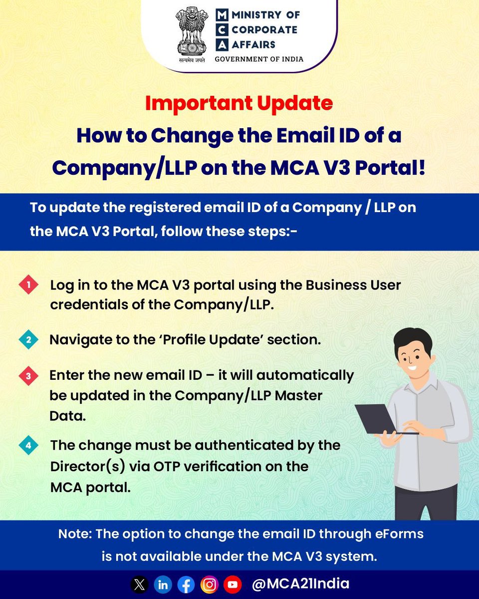 📢 Important Update

How to Change the Email ID of a Company/LLP on the MCA V3 Portal!

To update the registered email ID of a Company / LLP on the MCA V3 Portal, follow these steps:-

1️⃣ Log in to the MCA V3 portal using the Business User credentials of the Company/LLP.

2️⃣