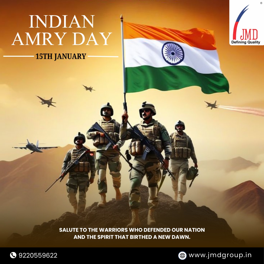 JMDGroup_'s tweet photo. Valour. Honor. Sacrifice. 🇮🇳

On the 78th Indian Army Day, JMD Group salutes the warriors who defend our borders and our spirit. We are forever indebted to your courage.

Jai Hind! 🇮🇳✨

#IndianArmy #Bravery #IndianArmyDay2026 #JMD #NationFirst #RealHeroes https://t.co/EEY5fMnDxP