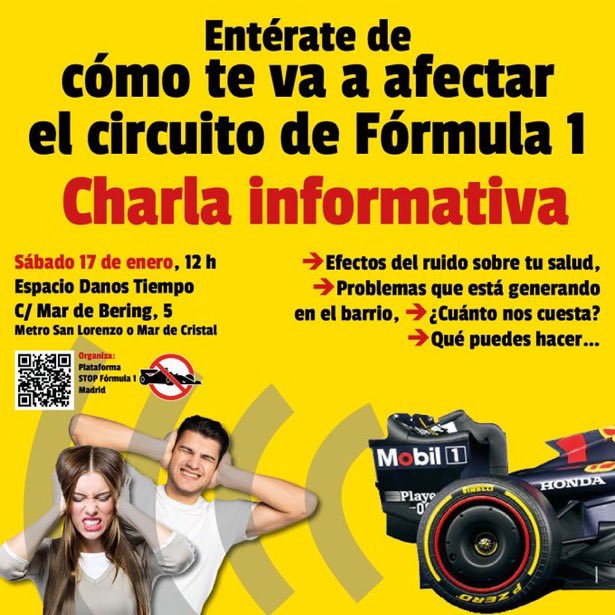 📣 Entérate de cómo te va a afectar el circuito de Fórmula 1

Este sábado se celebra en Hortaleza una charla informativa sobre lo que va a suponer para el barrio

📍 A las 12.00 horas en el Espacio Danos Tiempo (Calle Mar de Bering, 5. Metro San Lorenzo)