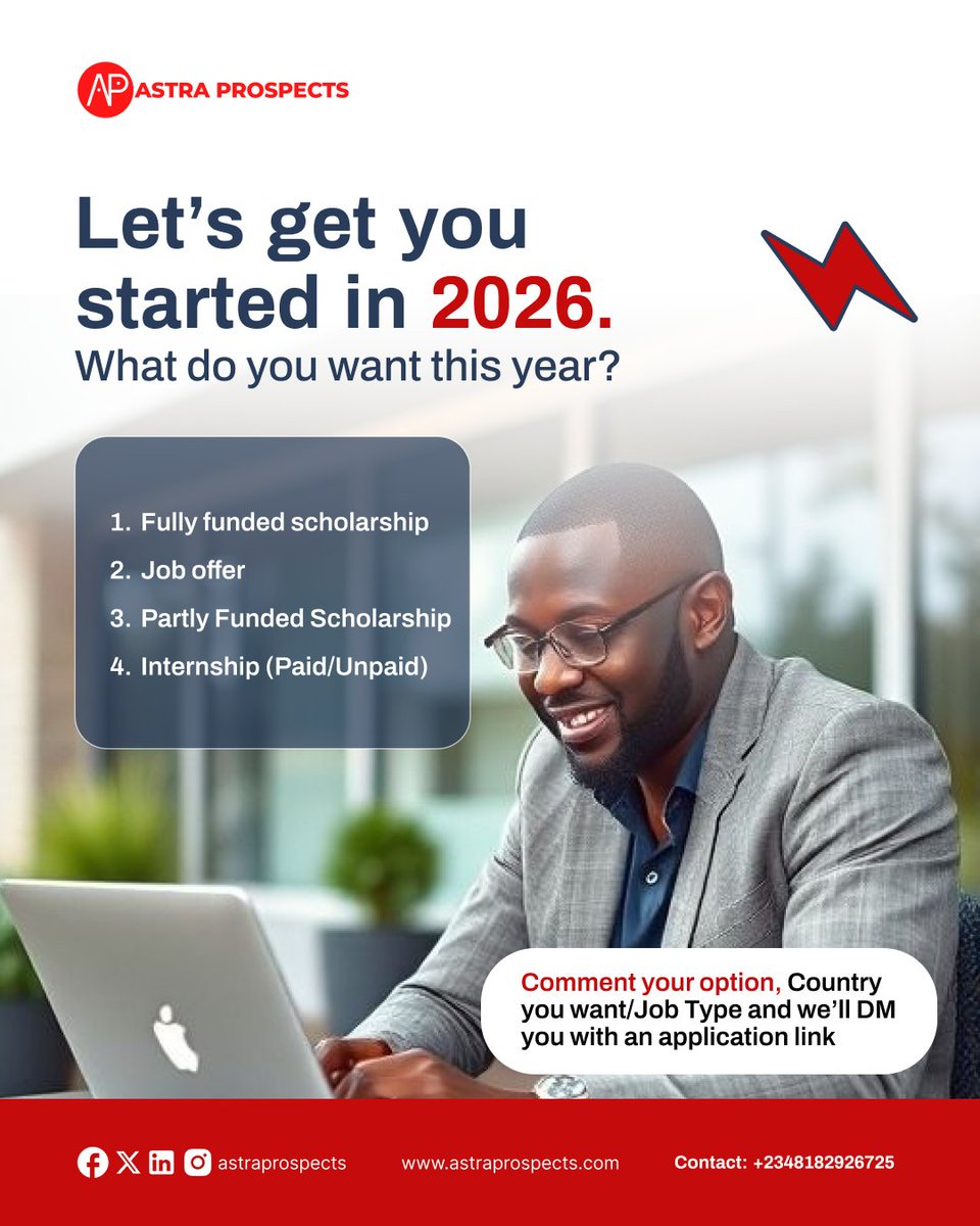 astra_prospects's tweet photo. What do you want for 2026?

Comment below and we’ll send you a link to get started with ASAP with any of these options

#internship #hiring #scholarships #paidinternship #techjobs https://t.co/Cjod5ydcPG