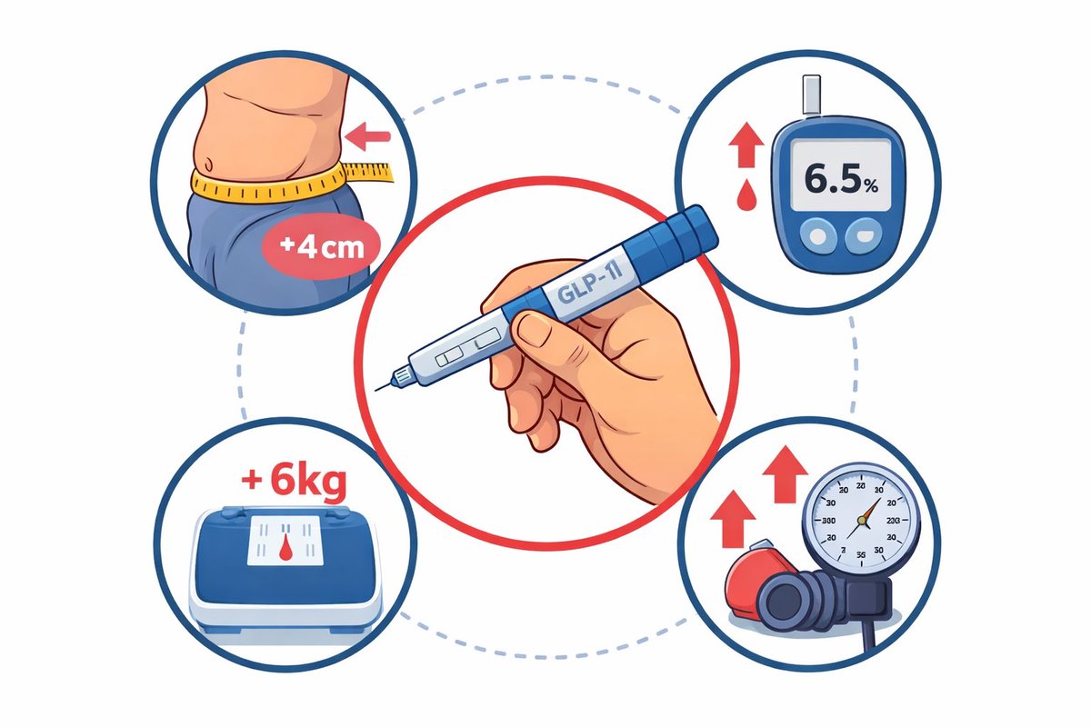 ⚠️ ماذا يحدث عند إيقاف حقن التخسيس (GLP-1)؟

زيادة الوزن بعد إيقاف الدواء أمر شائع وطبيعي 👇

📊 الدراسات تبيّن أنه بعد الإيقاف قد يحدث:
⚖️ زيادة وزن حوالي 5–6 كجم
📏 زيادة في محيط الخصر حوالي 4 سم
🍬 ارتفاع السكر التراكمي بنحو 0.3%
❤️ ارتفاع الضغط الانقباضي حوالي 4 ملم زئبق

⏳
