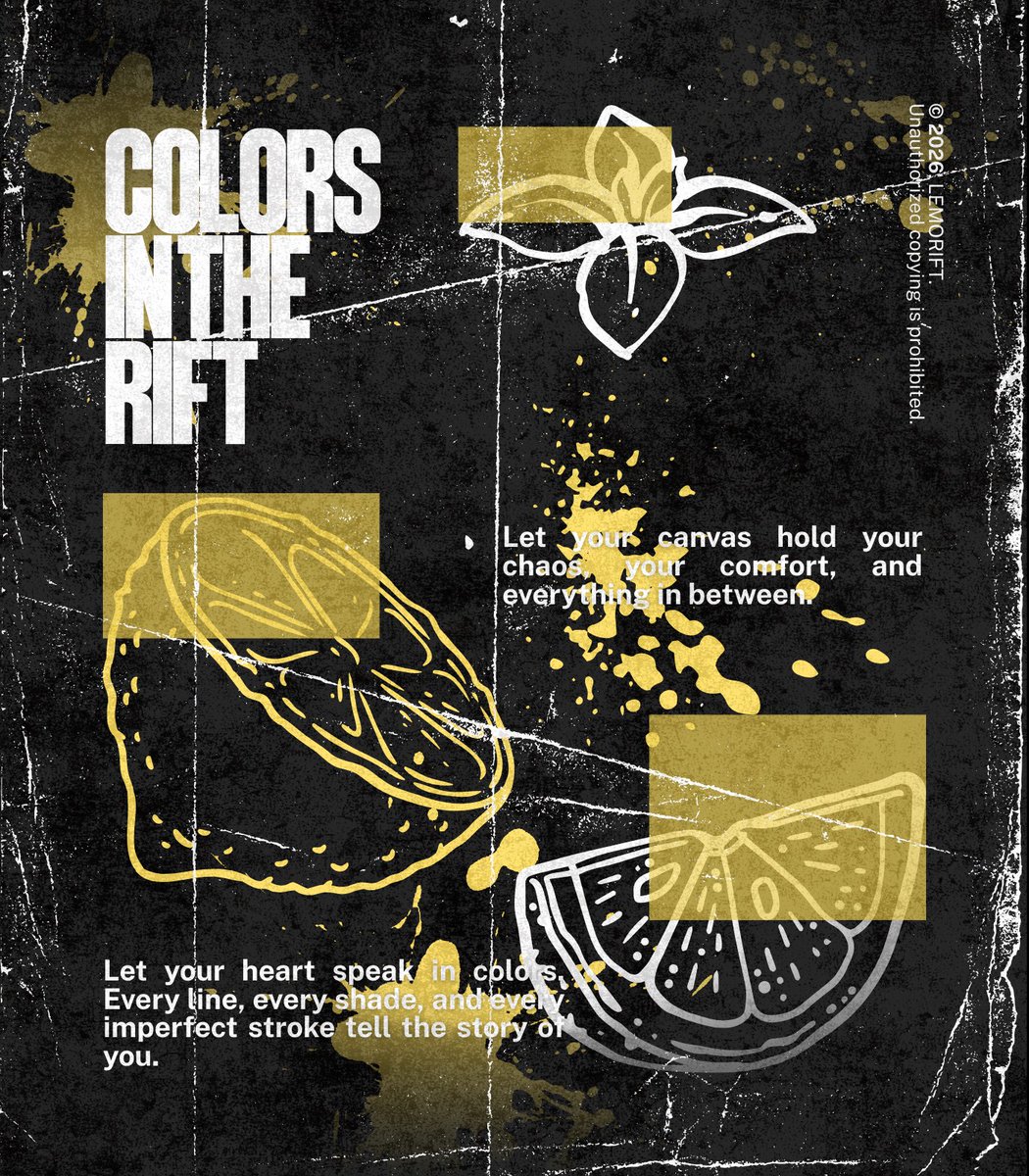 Lemorift's tweet image. Chase polish or loud meaning? Nah, we let marks exist as they land. Color drips, lines lean, space stays open, and nothing asks to be fixed. This rift holds what feels manageable, rough around edges yet honest in tone. Expression moving slow, leaving room to breathe and stay.