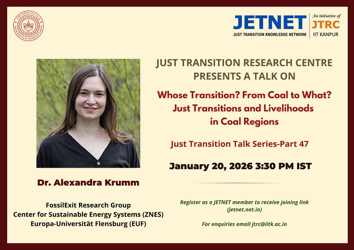 Talk alert 📢     

Excited to announce our Part 47 of our Just Transition Talk Series speaker, Dr. Alexandra Krumm, from <a href="/FossilExit/">FossilExit</a> Research Group, Center for Sustainable Energy Systems, Europa-Universität Flensburg.

📅 20 January, 2026

Register here: docs.google.com/forms/d/e/1FAI…