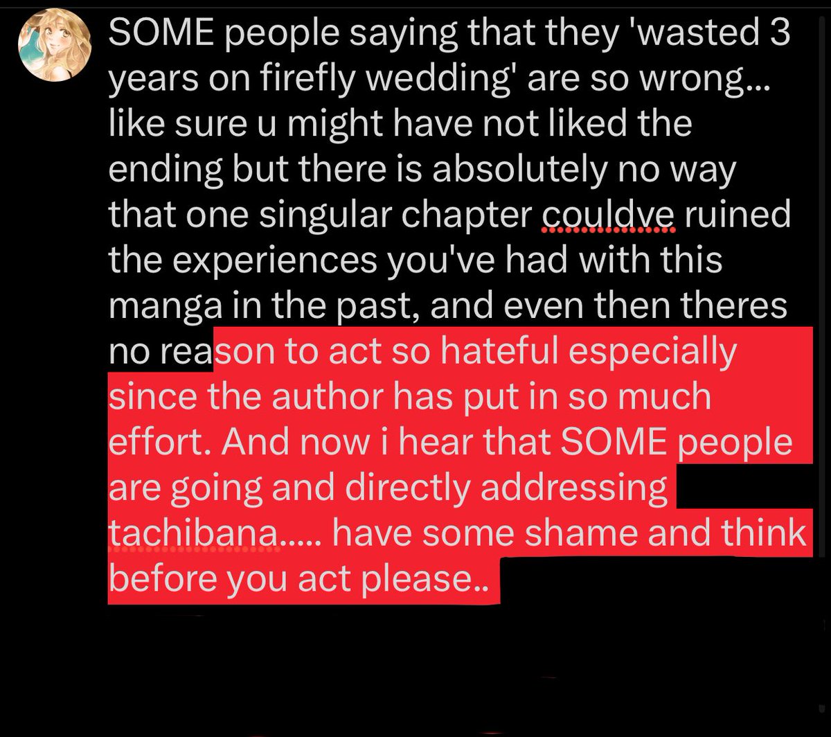 iesuljs's tweet image. This doesnt just go for firefly wedding... this applies to every manga out there 😭😭😭 

Im slightly disappointed in the people leaving those rude messages😕 please think about what you say..