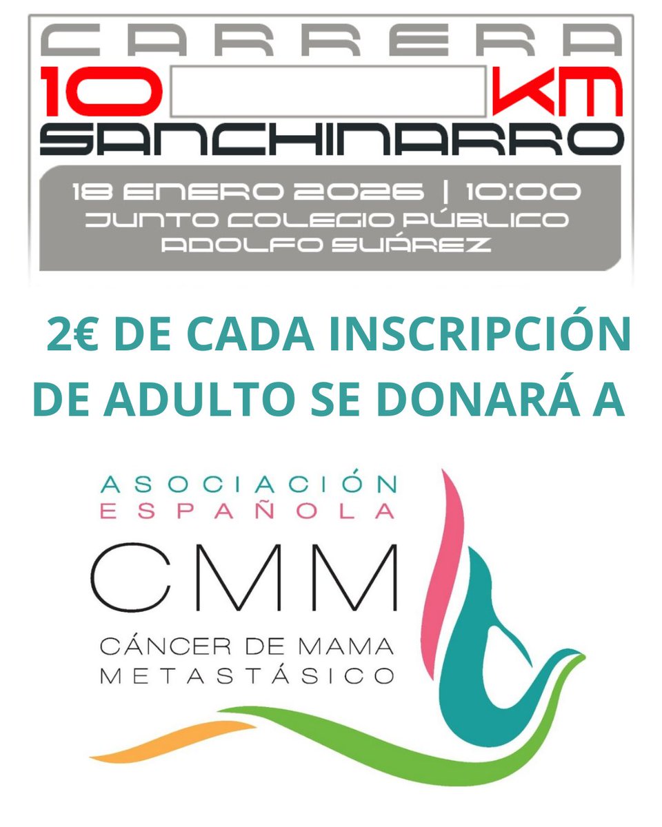 EventsThinkerSL's tweet image. TU PARTICIPACIÓN CUENTA!
En el 10K SANCHINARRO se donarán 2€ de cada inscripción de adulto, a la Asociación Española de Cáncer Metastásico de Mama. El viernes cerramos inscripciones!
10ksanchinarro.es
#10ksanchinarro #running #CarreraSolidaria #eventsthinker