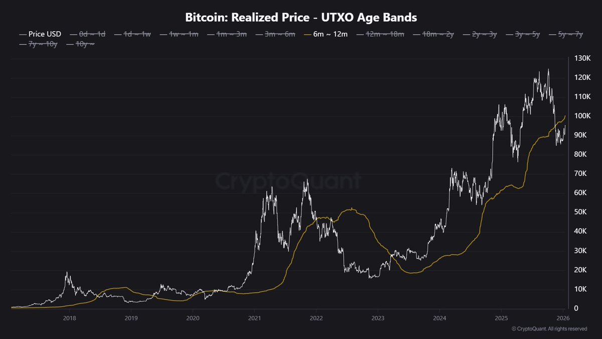 Bitcoin: price action is finally getting interesting. BTC is still trading  below the 6–12m realized price, now around ~$99 500. This is the cost basis  of mid‑term buyers. A decisive close back