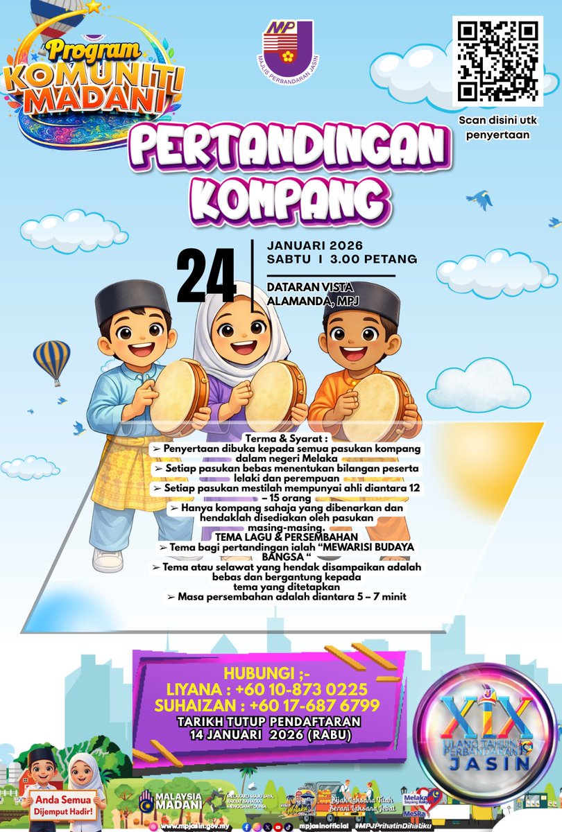 PERTANDINGAN KOMPANG

Sempena Program Komuniti MADANI

Tarikh: 24 Januari 2026 (Sabtu)
Masa: 3.00 Petang
Tempat: Dataran Vista Alamanda, MPJ
Penyertaan PERCUMA

Sebarang pertanyaan:
Liyana : 010-8730225
Suhaizan : 017-6876799

Klik pautanuntuk pendaftaran:
forms.gle/DY1jeUpPEQ8iGj…