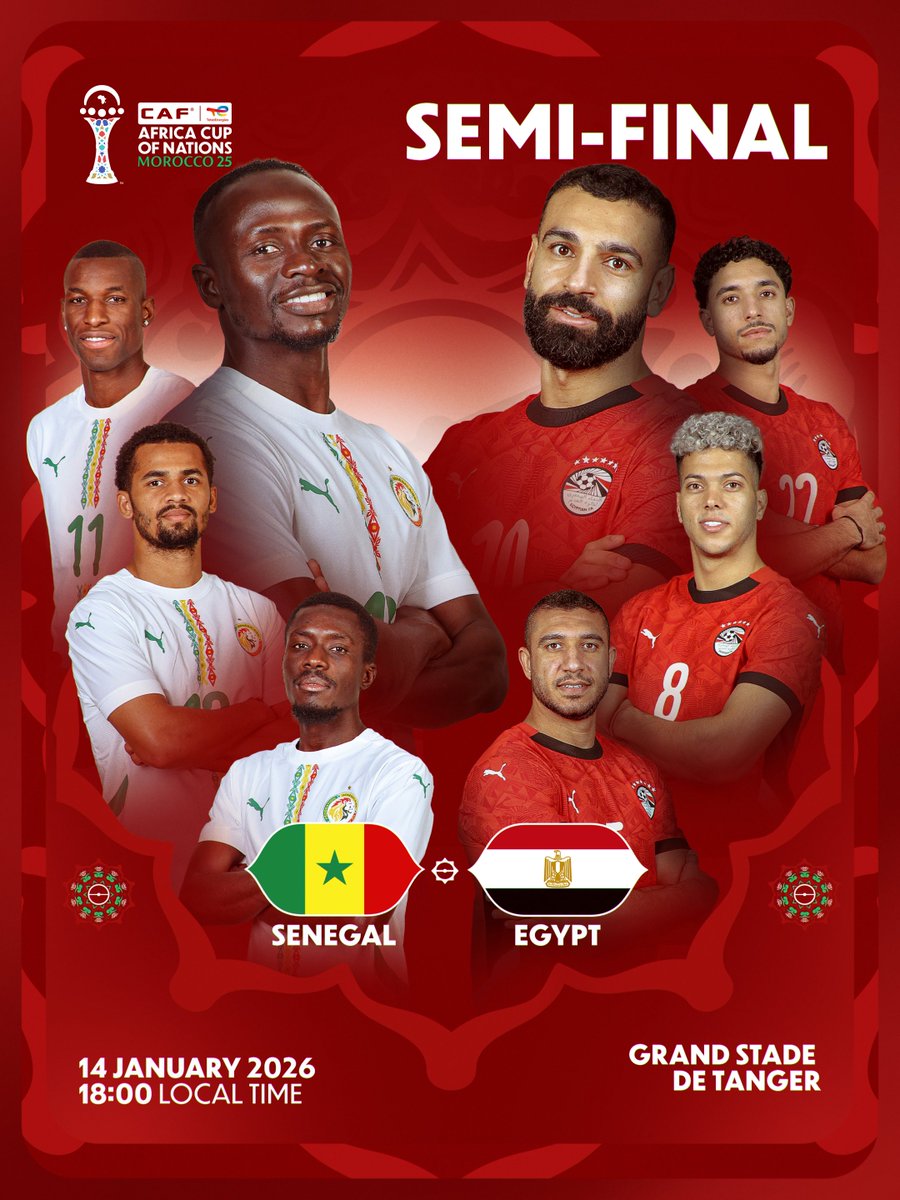 CAF_Online's tweet image. More than a fixture. 🇸🇳🇪🇬

Senegal vs Egypt for a spot in the #TotalEnergiesAFCON2025 final. Who takes it?