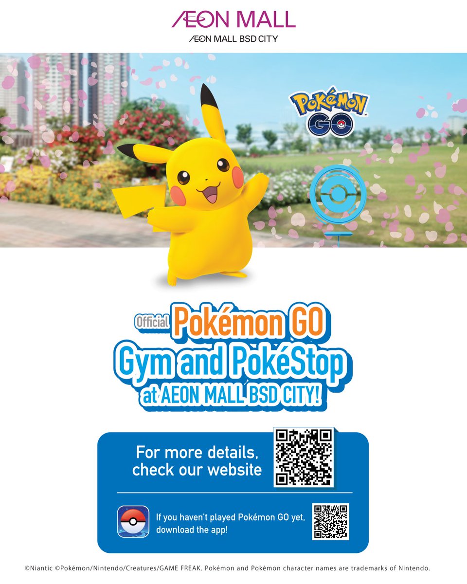Siap jadi Pokémon Trainer di AEON Mall BSD City? 

Sekarang Official Pokémon GO Gym &amp; PokéStop sudah hadir!
Yuk, tangkap Pokémon, spin PokéStop, dan battle bareng teman sambil jalan-jalan di mall favoritmu 

📍 AEON Mall BSD City

Download Pokémon GO sekarang!

#aeonmallbsdcity