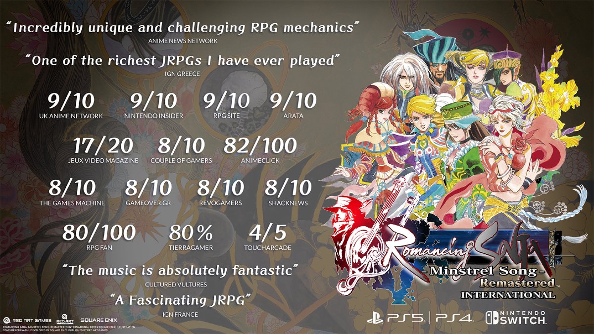 Los críticos lo han dicho: ¡Romancing SaGa –Minstrel Song– Remastered International es un clásico atemporal de los JRPG que ha renacido! 🎶

Ya disponible para Nintendo Switch, PS5 y PS4.
🔗 bit.ly/m/RomancingSag…

¡Te espera un viaje legendario! ✨