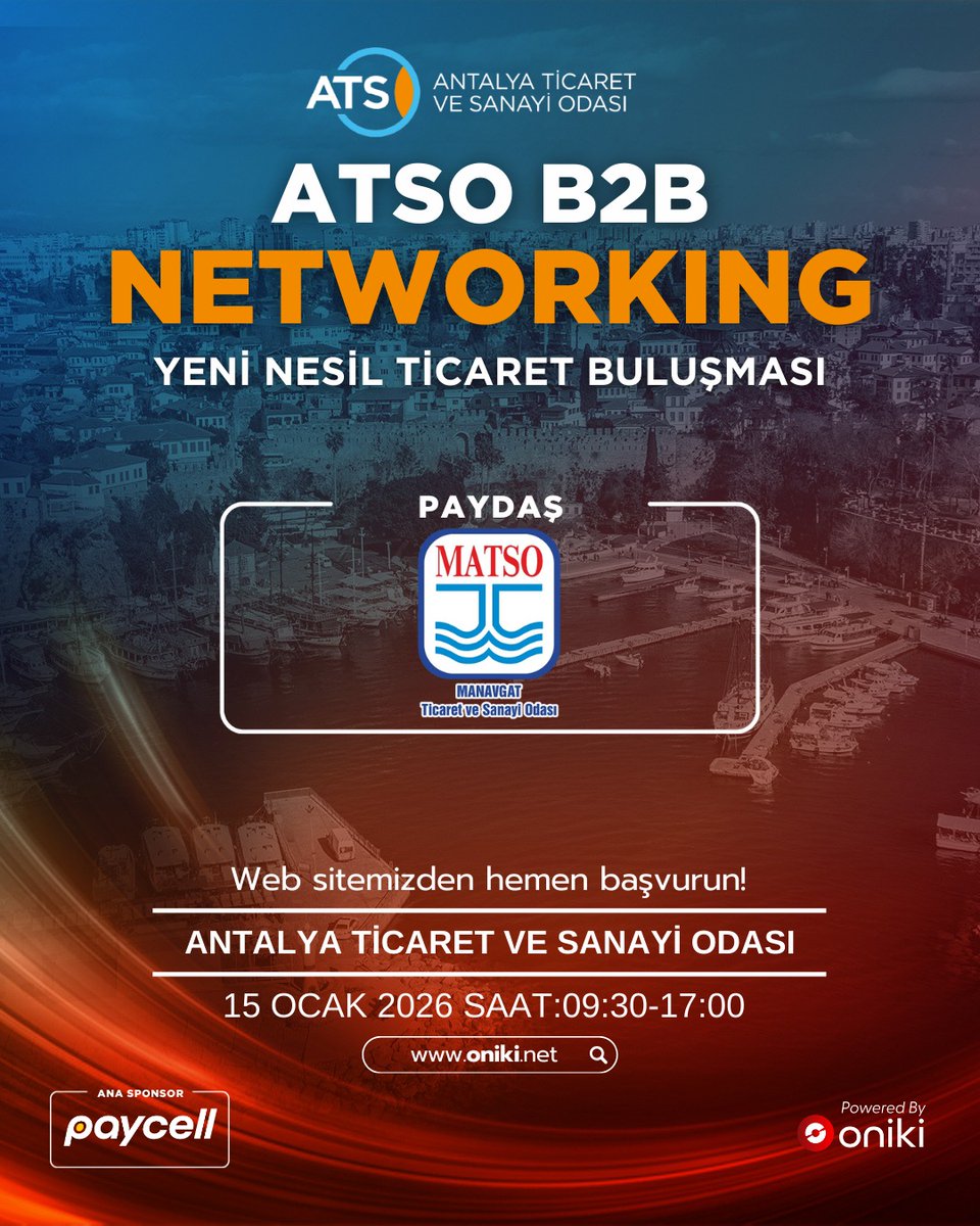 ATSO B2B Networking İçin Geri Sayım Başladı!
Antalya Ticaret ve Sanayi Odası (ATSO) tarafından düzenlenen ve Odamızın da (MATSO) paydaş olarak yer aldığı ATSO B2B Networking etkinliği, iş dünyasını bir kez daha Antalya’da buluşturuyor.

Üreticiler, tedarikçiler, satıcılar, hizmet