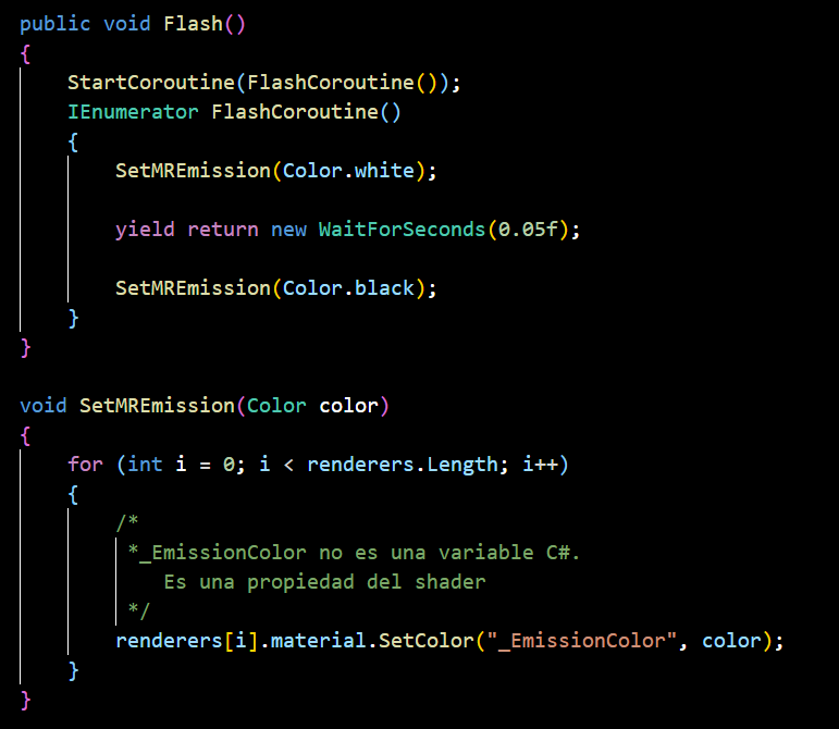 ElenaImagineer's tweet photo. #unitytips

Código sencillito para incorporar un feedback visual cuando un personaje 3D es dañado en un videojuego. Lo hacemos a través de la propiedad Emission del Shader. Probadlo 🔥

#gamedev #indiedev https://t.co/5Ek15dOrJs