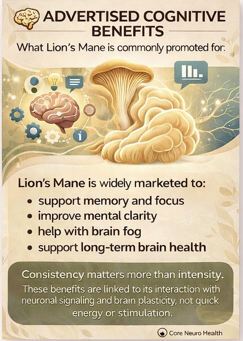 CoreNeuroHealth's tweet image. Lion’s Mane is one of the most talked-about functional mushrooms — but understanding why matters more than the hype.

It’s not a stimulant.
It doesn’t “hack” your brain.

Lion’s Mane is studied for how it supports nerve growth factor (NGF), brain plasticity, and long-term