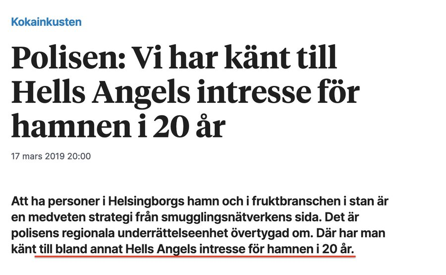 GStrand45's tweet photo. Spanien gör sitt största kokainbeslag någonsin, fångar 10 ton gömt i en salt-fartyg från Drottningens Brasilien till Europa.

Helsingborg, tidigare i veckan rekordbeslag 3 ton...

Då minns vi hur det är institutionaliserat medvetet från politiker, myndigheter, polis, tull, företag och de som skulle synas för att dölja den verkliga verksamheten - "MC-gängen", "organiserade brottsligheten"  och "gängkriminella". Ni vet dom som ska sitta i fängelse ibland för att ge trovärdighet åt ett genomkorrupt system. Det är därför vi har barn/13-åringar i fängelse..........Skydda systemet.
https://t.co/UkSbEr1qiN

Kulissen byggdes upp med kommunen och polisens aktiva hjälp som agerade åt underrättelsetjänsten för att profitera och skada befolkningen medvetet. Precis som med invandringen (människohandeln) flyttades godset ut till kranskommuner utan "narkotikapolis" för att sedan distribueras ut över landet.
https://t.co/Aib8cv1D2B
"Den misstänkta insidern i hamnen satt häktad misstänkt för liknande brottslighet redan 2010. Men trots kopplingar  till den organiserade brottsligheten har han fått jobba kvar.  Därtill är hamnens skalskydd dåligt, belysningen svag och kameraövervakningen inte tillräcklig, enligt Tullverket."
https://t.co/L5OQVbNEO8
