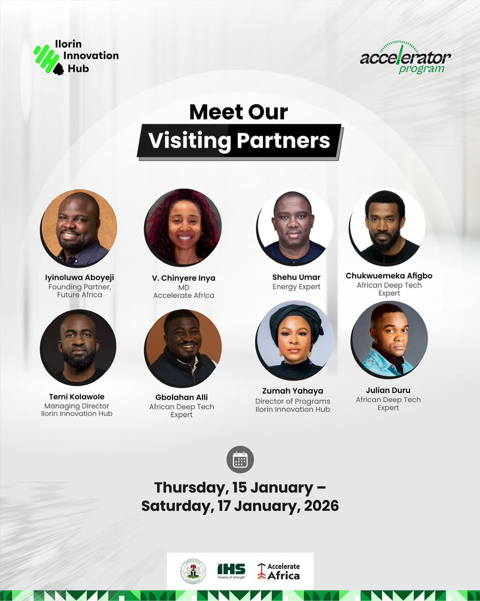 We’re excited to kick off our Accelerator Program with an incredible lineup of visiting partners who are here to help our founders scale to new heights.

📅 Date: Thursday 15 – Saturday 17 January 2026.
📍 Location: Ilorin Innovation Hub

Meet our visiting partners:
• Julian