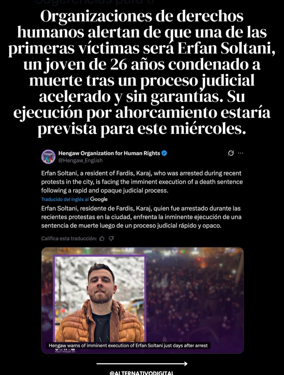 Erfan Soltani. 26 anys. 
Detingut dijous passat per manifestar-se. 4 dies després informen la família que l’han jutjat i condemnat a mort. Sense advocat, ni cap dret bàsic. La família només podrà veure’l uns instants abans de penjar-lo. Està previst q avui l’executin. 
ASSASSINS.
