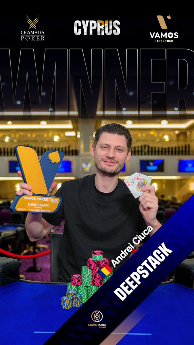🇨🇾 Ganador del Deepstack en la Gran Final del VPT 🏆

Andrei Ciuca se lleva el Deepstack tras una gran actuación durante todo el torneo.

Un título más que se suma a una semana espectacular en Chamada Prestige.

Felicitări! ♠️🔥

#VamosPokerTour #VPTFinal #Cyprus #ChamadaPrestige