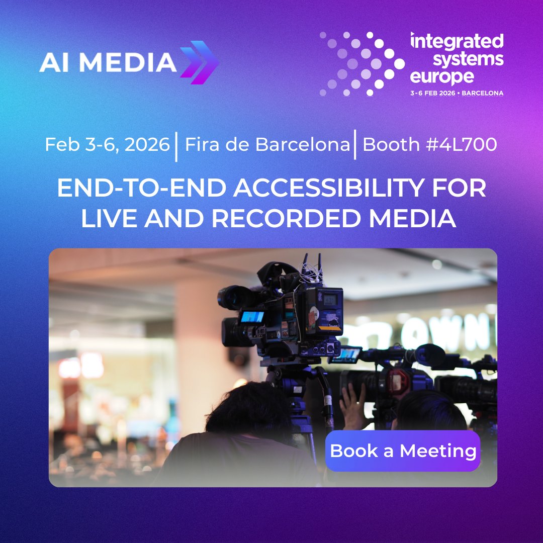 accessinclusion's tweet image. Visit AI-Media | 3–6 Feb, Barcelona
📍 Booth #4L700

Experience live &amp;amp; recorded media solutions with AI-powered accessibility &amp;amp; real-time translation.

👉 Book a meeting: hubs.ly/Q03-HWMb0