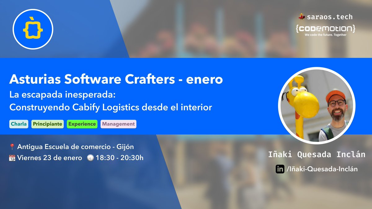 Año nuevo, evento nuevo 🚀

Iñaki Quesada Inclán nos dará una charla sobre cómo se desarrolla una startup dentro de otra y los retos de escalar Cabify Logistics desde dentro.

📆 Vie 23 · ⏰ 18:30–20:30 · 📍 Espacio Joven, Gijón

¡No olvides apuntarte!👇
👉buff.ly/jnKLZyG