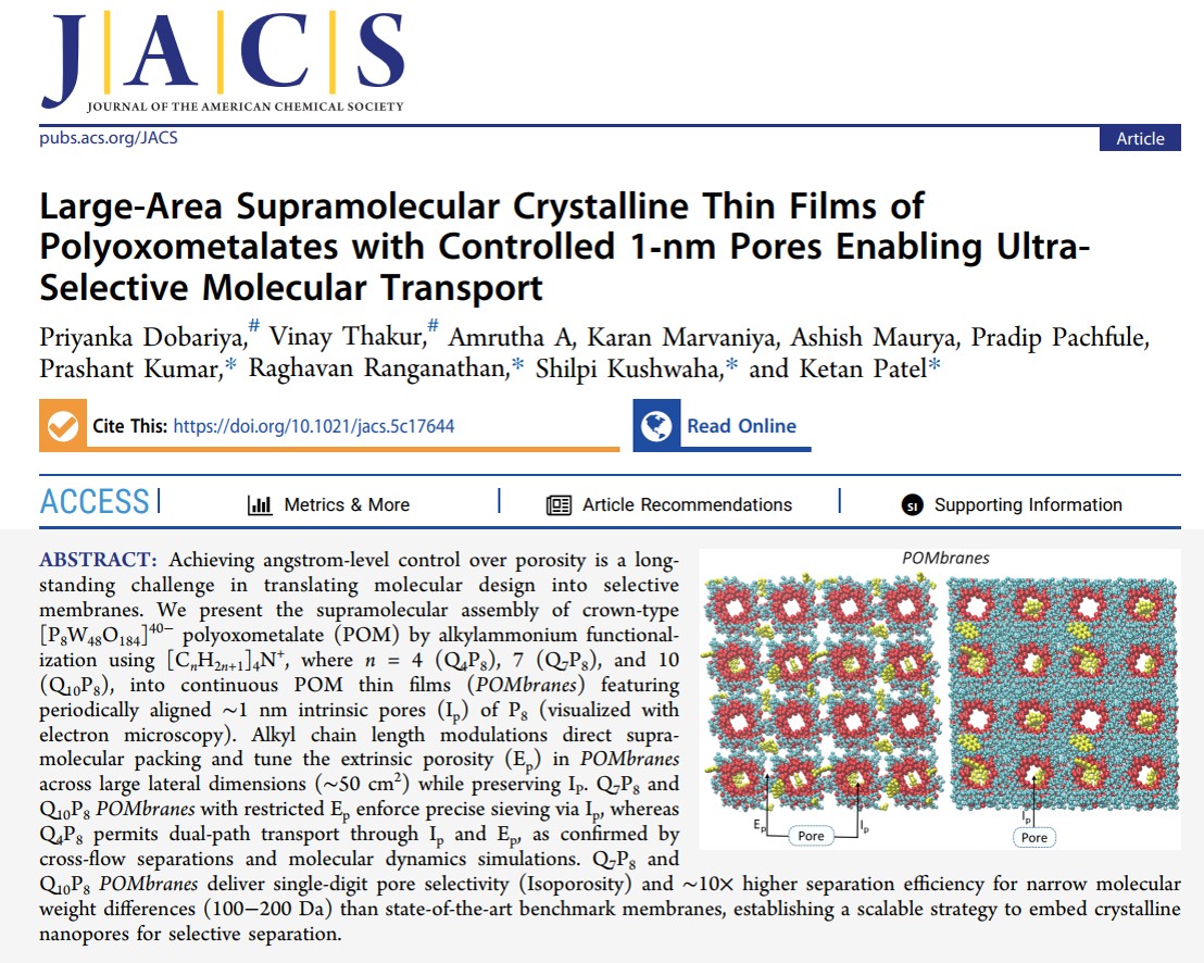 ketanchem1's tweet photo. Congratulations👏to the team for @J_A_C_S on Isoporous POMbranes #Polyoxometallate #Membranes for precise #MolecularSeparations @padobariya97 and simulations by Vinay & Dr Raghavan @skushwaha2014 @CSIRCSMCRI1 @CSIR_IND @prashantksk @ps_pachfule https://t.co/CAAdcfqTFz
