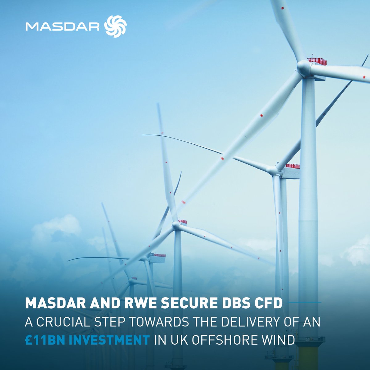 Masdar's tweet image. #Masdar, together with #RWE, is delighted to have secured Contracts for Difference for the 3GW Dogger Bank South offshore wind projects, a major milestone for one of the UK’s largest #OffshoreWind developments.

This £11 billion investment represents another significant…