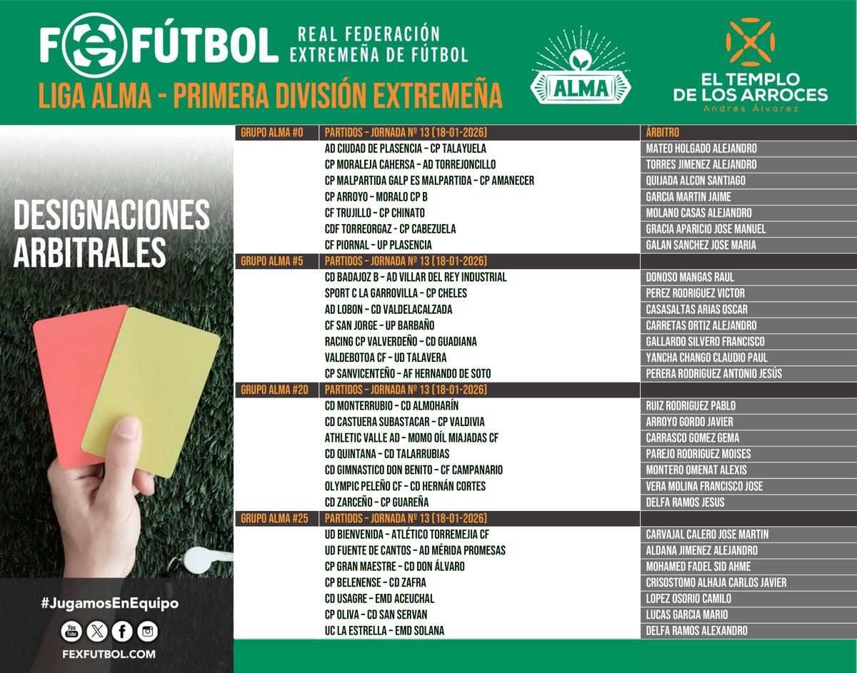 FedExFutbol's tweet photo. ⚖ | #Arbitraje |

📌Designaciones arbitrales para la próxima jornada en #TerceraRFEF y #LigaAlma🍅 (1ª Div. Extremeña).

🥘Con el impulso de #ElTemploDeLosArroces

👍¡Suerte y respeto para todos los colegiad@s!

#Extremadura💚🤍🖤
#JugamosEnEquipo https://t.co/pbN0Lo54qu