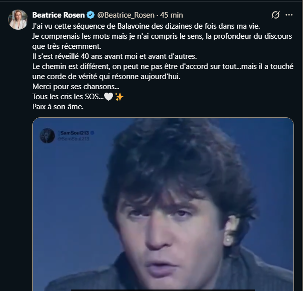 <a href="/Beatrice_Rosen/">Beatrice Rosen</a> vient de finir son deuil de « Je suis Brigitte Bardot ».  
Maintenant elle est dans sa période « Balavoine, c'est moi 40 avant ».

Favorablement, il est mort en 1986. Je vous laisse imaginer s'il était mort 2 ans avant !

Orwell, sors de ce corps !