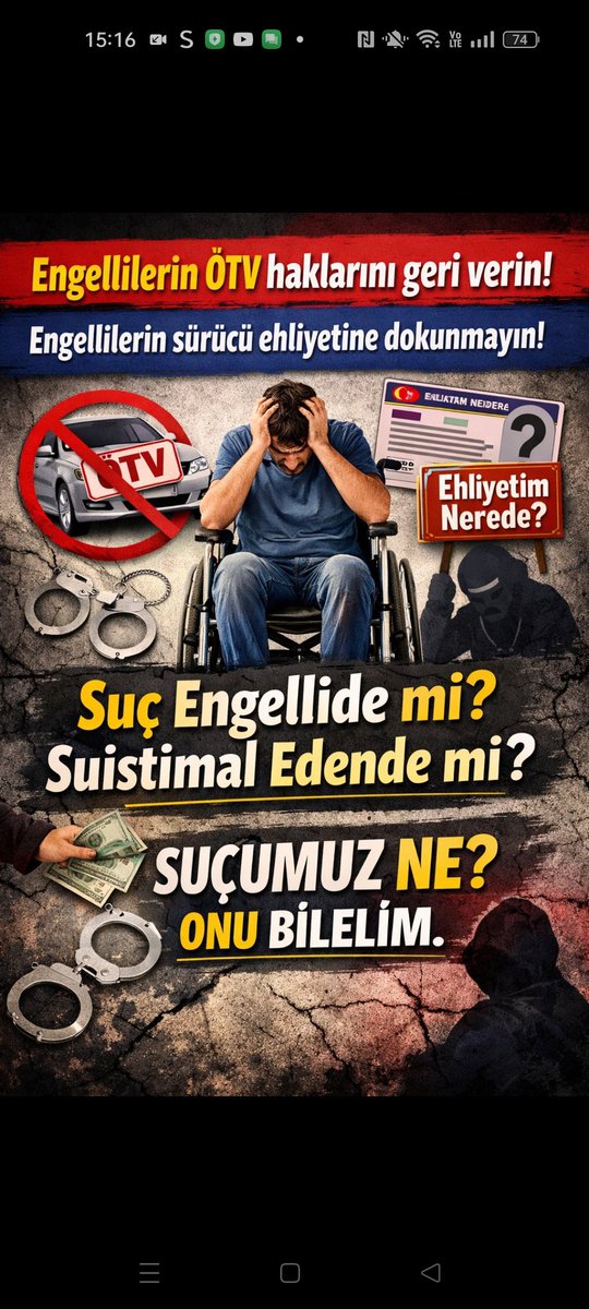 📢 01.07.2005’te yürürlüğe giren 5378 sayılı Kanun ve 30.03.2007’de imzaladığımız BM Engelli Sözleşmesi bize bağımsız, onurlu yaşam hayali kurdurmuştu. Tek isteğimiz: kısıtlamalar değil, hakların uygulanması. Haklarımızı hatırlatıyor, yeniden talep ediyoruz