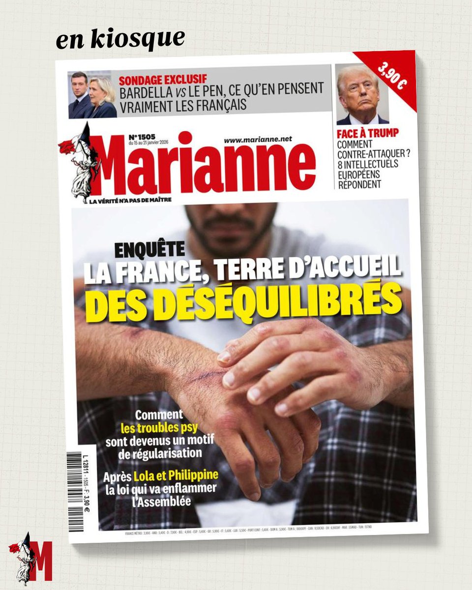 MarianneleMag's tweet image. À la une de #Marianne cette semaine : 
🔸 Enquête : la France, terre d'accueil des déséquilibrés
🔸 Sondage exclusif : Bardella vs Le Pen
🔸 Face à Trump, comment contre-attaquer ? 
🔗marianne.net/magazine/la-fr…