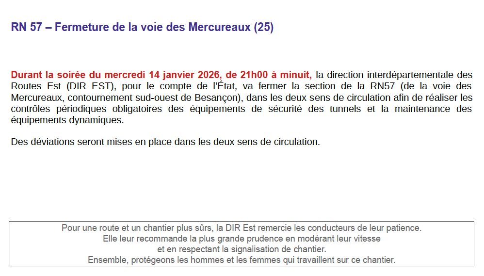 Fermeture de la voie des Mercureaux ce mercredi 14 janvier de 21h00 à minuit.