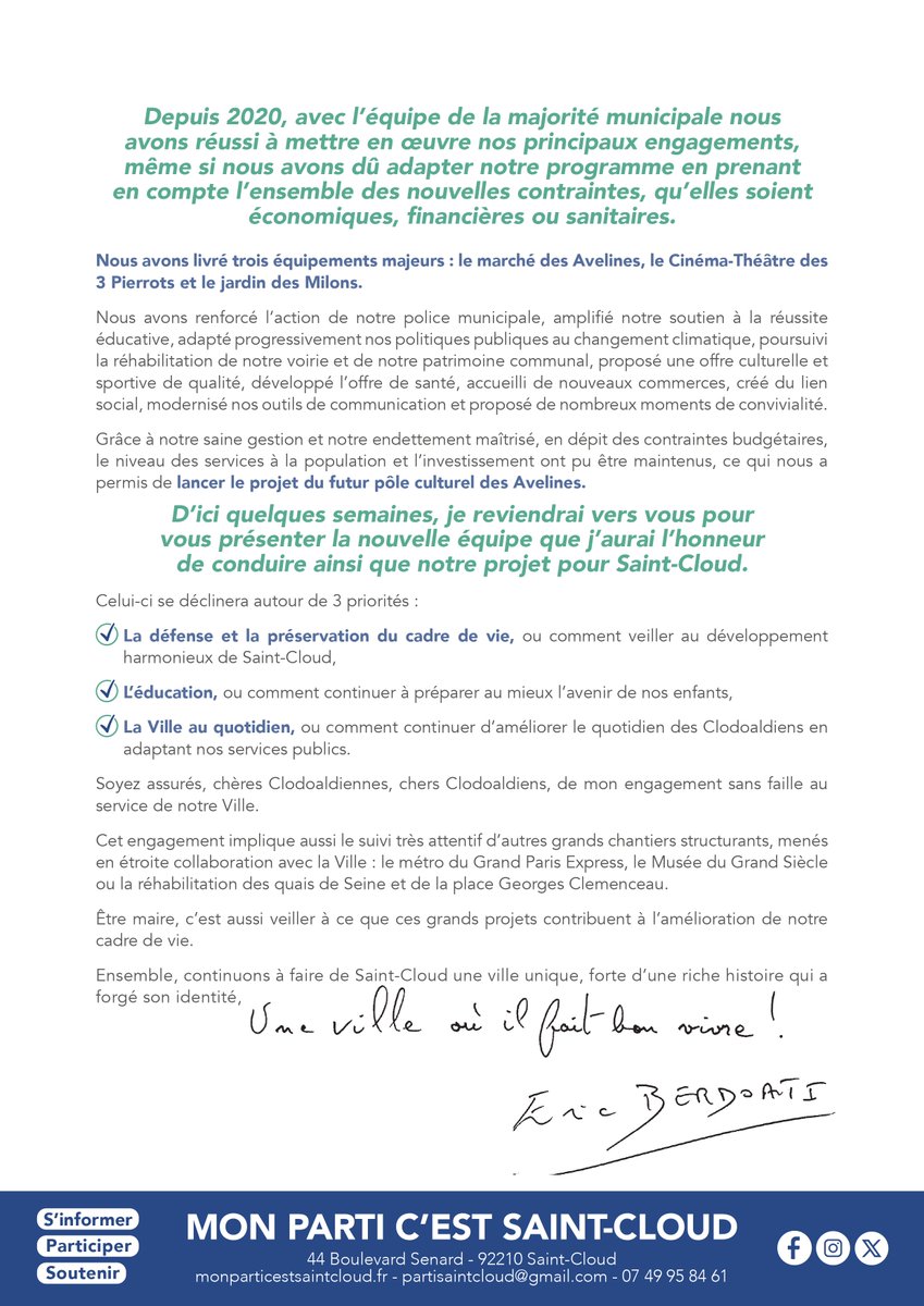 PartiSaintCloud's tweet photo. Chères Clodoaldiennes, Chers Clodoaldiens,

J’ai l’honneur de solliciter à nouveau vos suffrages lors des élections municipales qui auront lieu les dimanches 15 et 22 mars 2026 #Municipales2026 #SaintCloud https://t.co/qbHeKw93NF