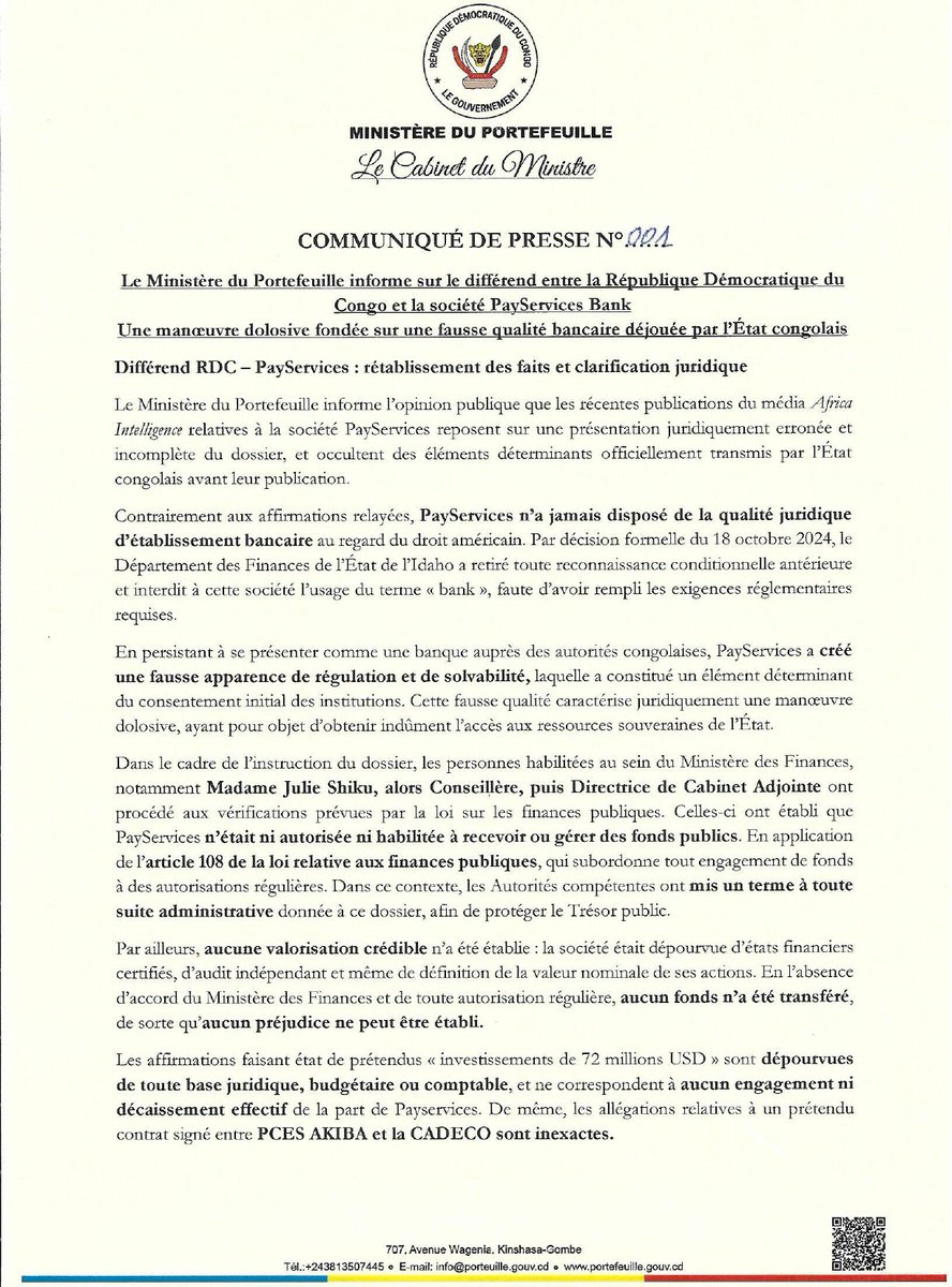 ERIC_WEMBA1's tweet photo. Affaire RDC-#PayService : le ministère du @portefeuille remet le pendule à l’heure
"Contrairement aux affirmations relayées, PayServices n'a jamais disposé de la qualité juridique d'établissement bancaire au regard du droit américain https://t.co/f80MU974Os