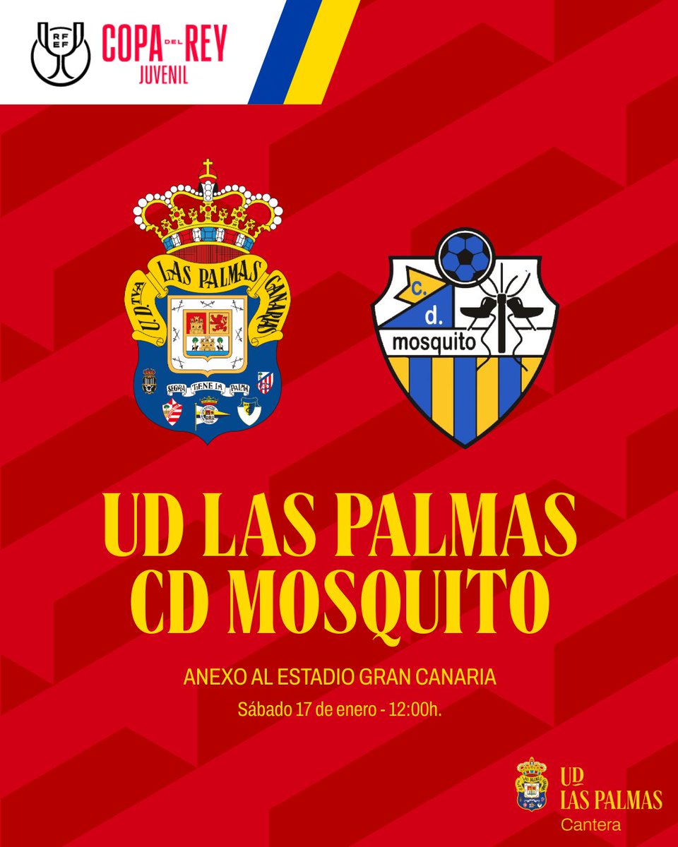 ¡¡Vuelve la #CopaDelReyJuvenil y no puedes perdértela!! 🏆 

🆚 CD Mosquito 
📍 Anexo al EGC
🕛 Sábado a las 12:00h.
📺 #UDPlay y #UDRadio 

#SeremosMásUnión #LaUniónHaceLasPalmas