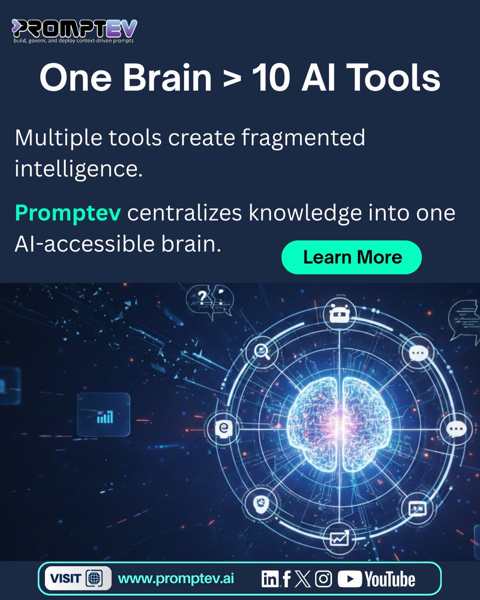 promptevai's tweet photo. One Brain > Ten AI Tools
Multiple tools create fragmented intelligence.
Promptev centralizes knowledge into one AI-accessible brain.

Try it now https://t.co/EGvhxg8rde

#Promptev #ContextEngineering #EnterpriseAI #AIInfrastructure #KnowledgeIntelligence #RAG #StopHallucinations https://t.co/lx5O6vV6Q2